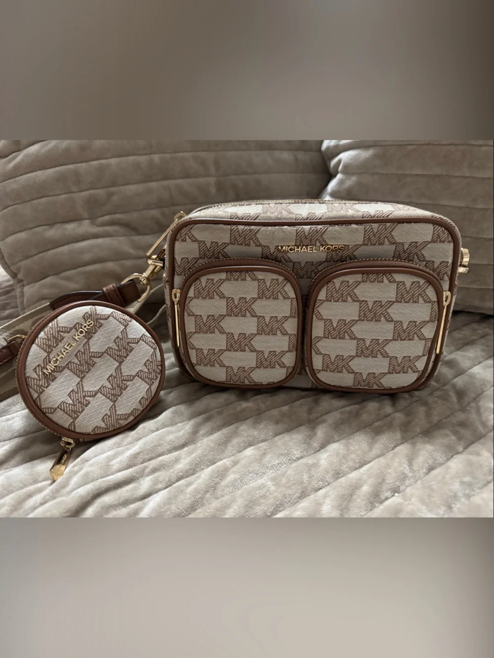 Michael Kors Beige & Brown Monogram Triple-Pocket Crossbody with Coin Pouch.